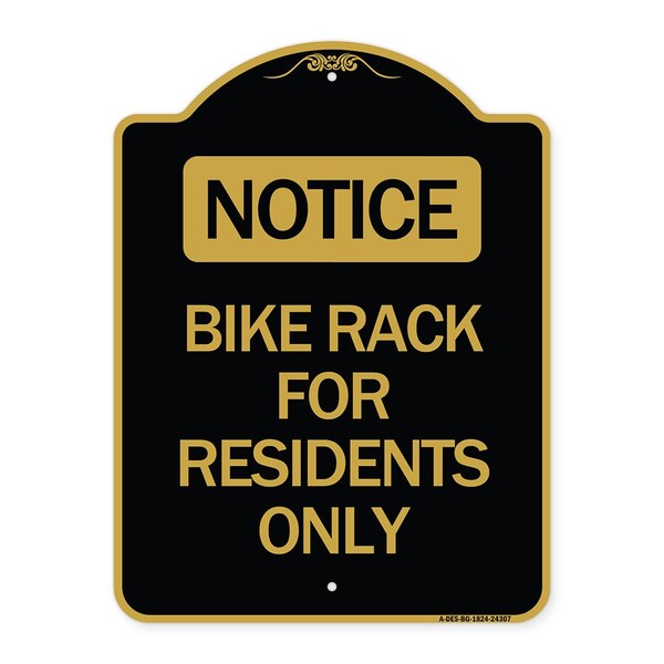 Designer Series Bike Rack for Residents Only, Black & Gold Aluminum Sign, 18" x 24", BG-1824-24307